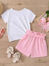 Tween Girl Butterfly & Flower Printed Short Sleeve T-Shirt And Paper Bag Waist Belt Shorts For Summer